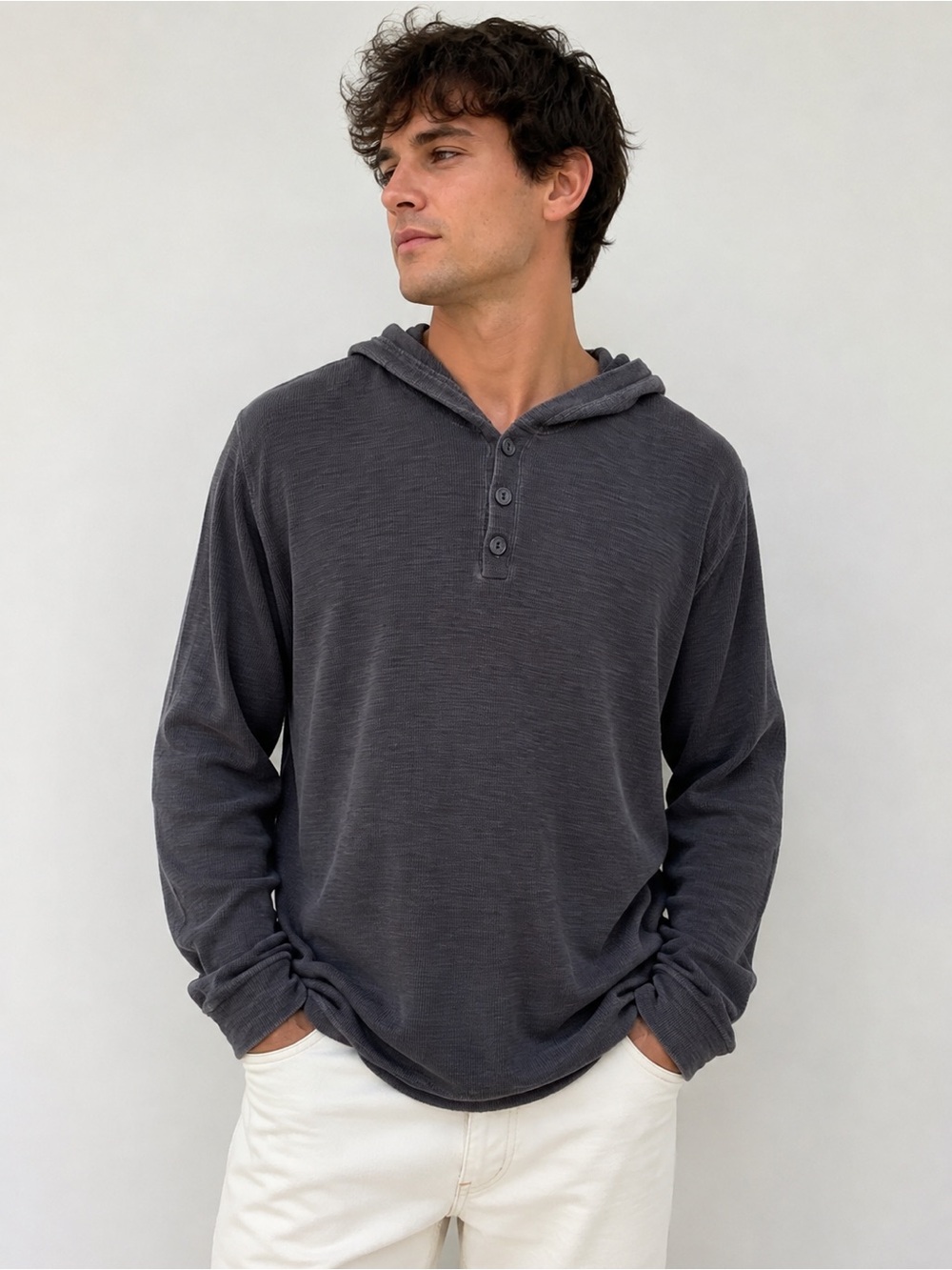 Vince Men's Black Henley Pullover Hoodie Shirt Long Sleeve 100% Cotton XL